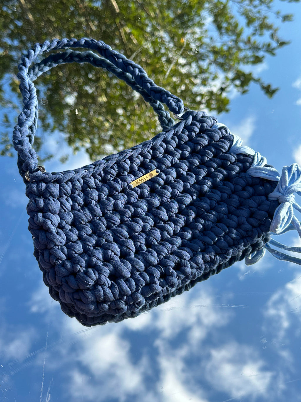 Rome Blue Denim Bow Shoulder Bag