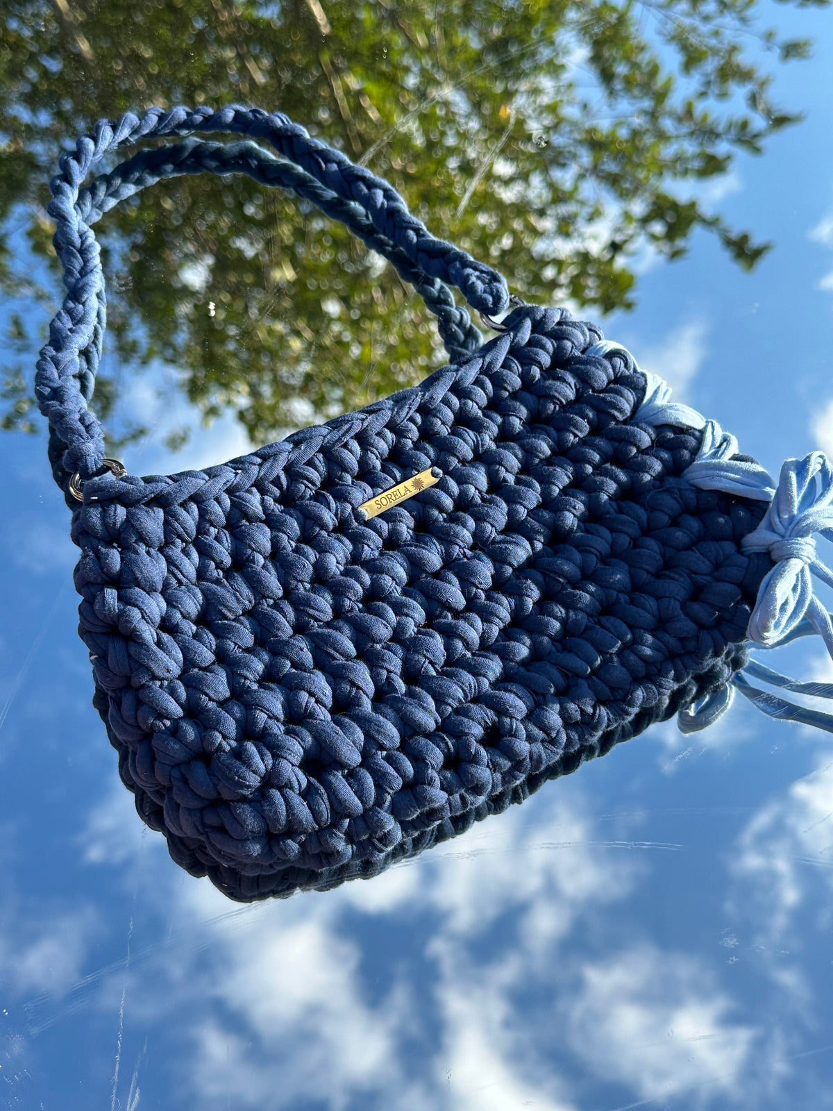 Rome Blue Denim Bow Shoulder Bag