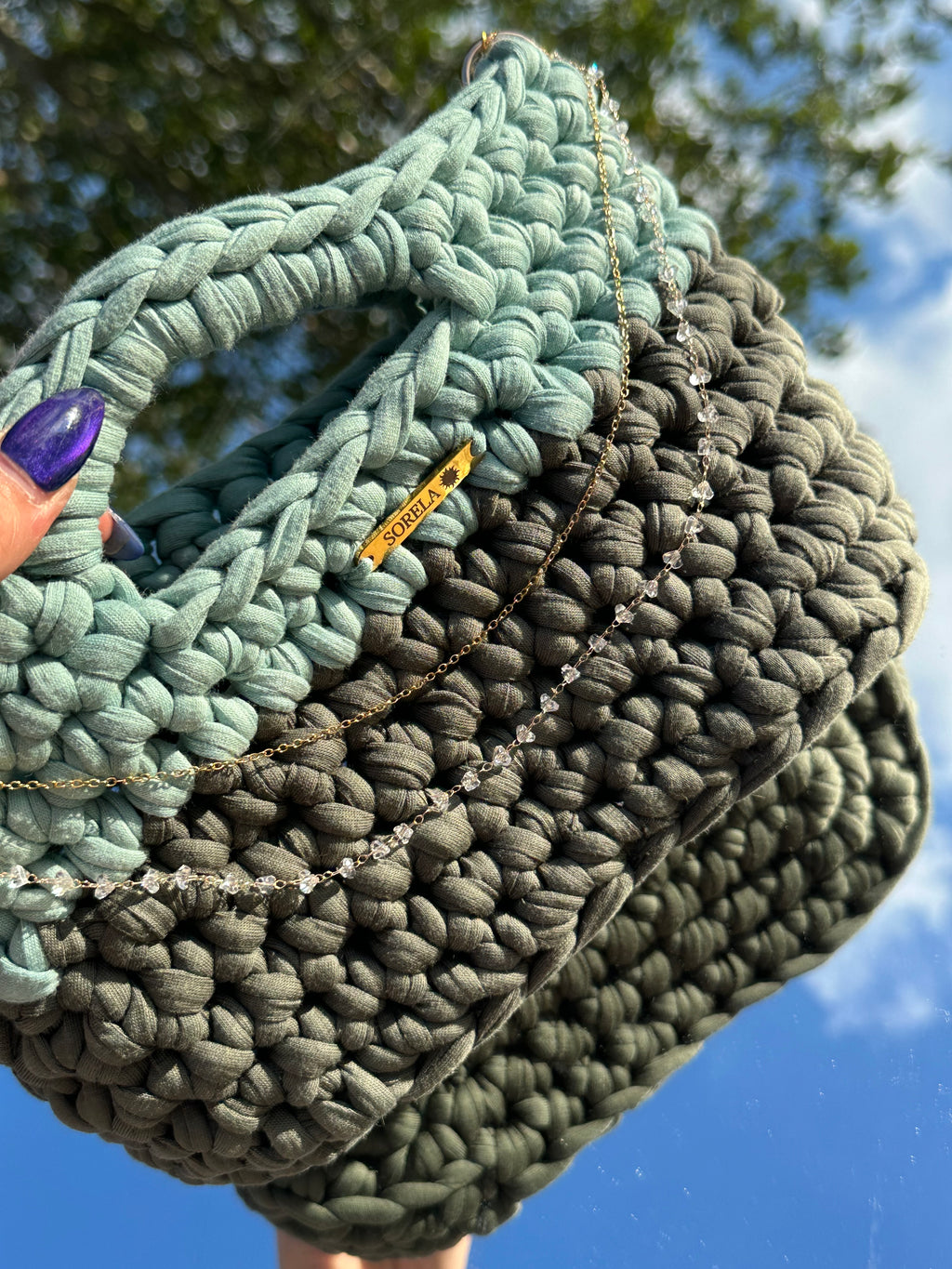 Florence Teal/ Khaki Crystal Handle Bag
