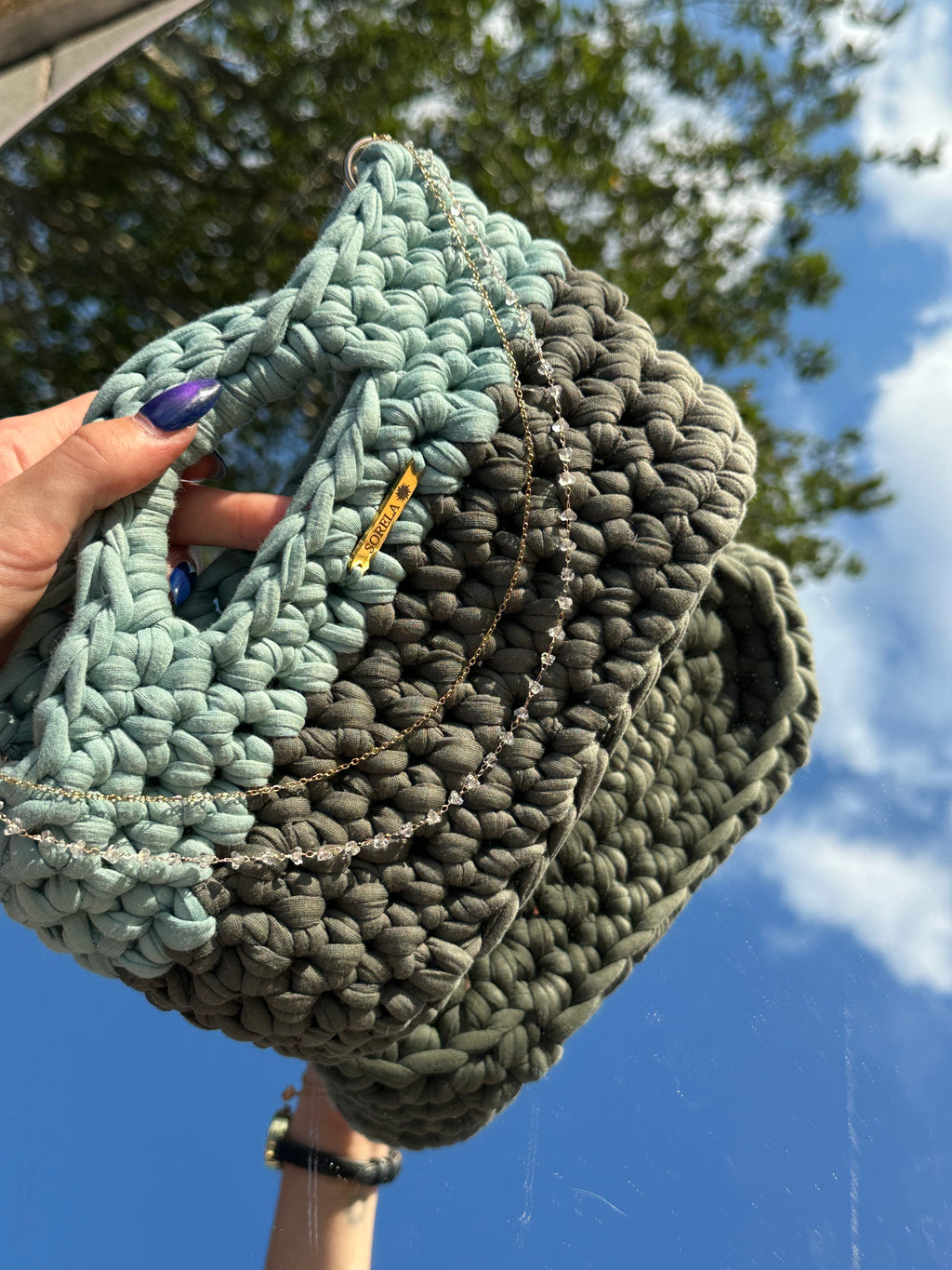 Florence Teal/ Khaki Crystal Handle Bag