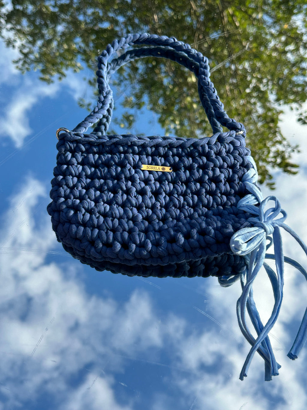 Rome Blue Denim Bow Shoulder Bag